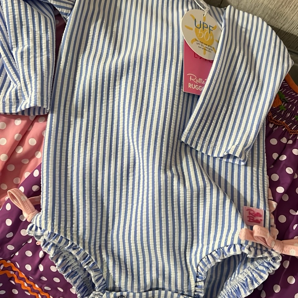 RuffleButts Blue and White Striped Baby Bodysuit
